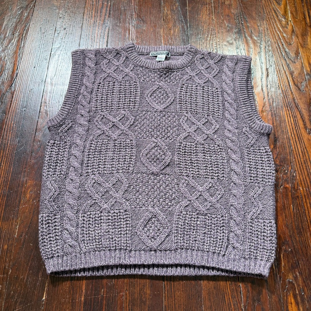 Vintage 90s Unionbay Sweater Vest Women L Purple Cable Knit Wool Blend